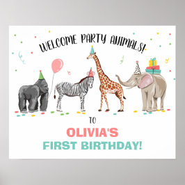 Safari Party Animals Zoo Girl Birthday Välkommen Poster