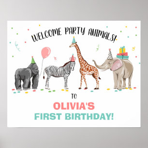 Safari Party Animals Zoo Girl Birthday Välkommen Poster