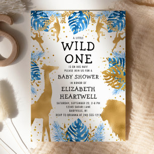 Safari Pojke Baby Shower Blå Guld Inbjudan