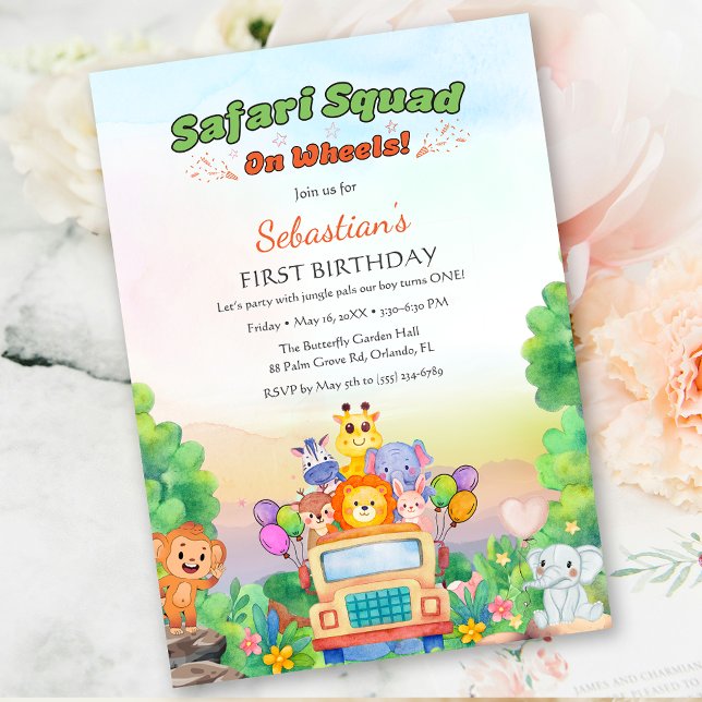 Safari Ride Theme – Wild One 1st Birthday Baby Boy Inbjudningar (Wild One Safari Ride – Jungle 1st Birthday for boy Invitation)