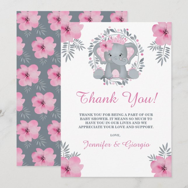 Safari Rosa Blommigt Elephant Baby Shower Tack Kort (Fram/baksida)