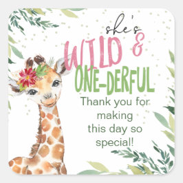 Safari Rosa Giraffe Vild Ett födelsedag Party Fyrkantigt Klistermärke