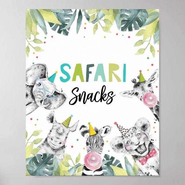 Safari Snack Party Animals Födelsedagsskylt Poster (Framsidan)