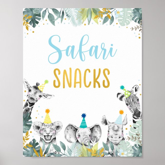 Safari Snacks Blue Guld Party Animal Birday Sign Poster (Framsidan)