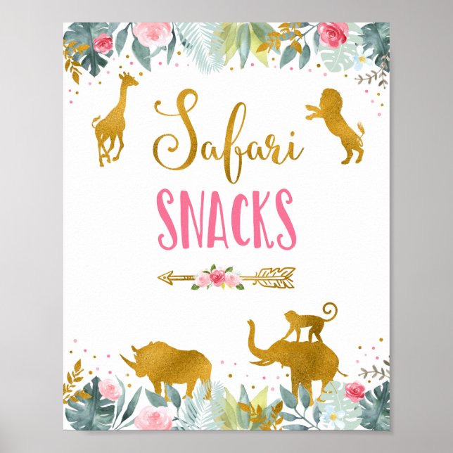 Safari Snacks Rosa Guld Greenery Birthday Sign Poster (Framsidan)