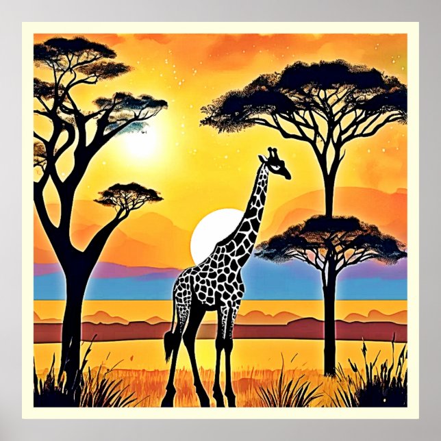 Safari-solnedgång: Giraffens famn Poster (Framsidan)