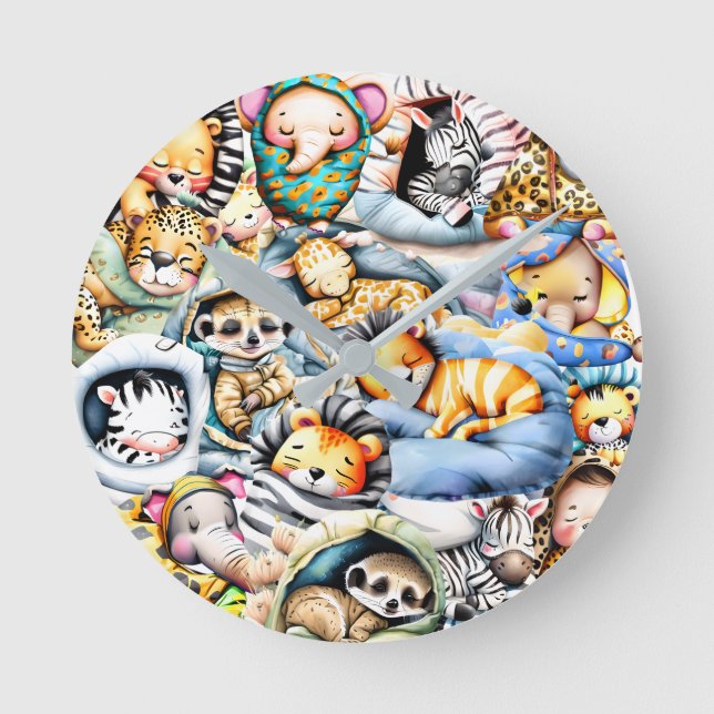 Safari sovande vilda djur djungelns daghemsdeka rund klocka (Framsida)