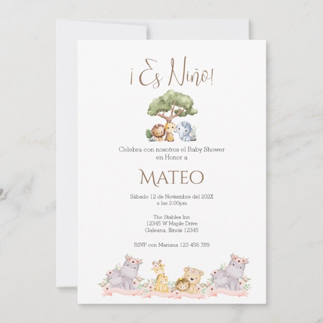 Safari Spanish Baby Shower Boy invitation Inbjudningar (Framsida)