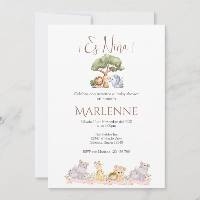 Safari Spanish Baby Shower Girl invitation Inbjudningar (Framsida)