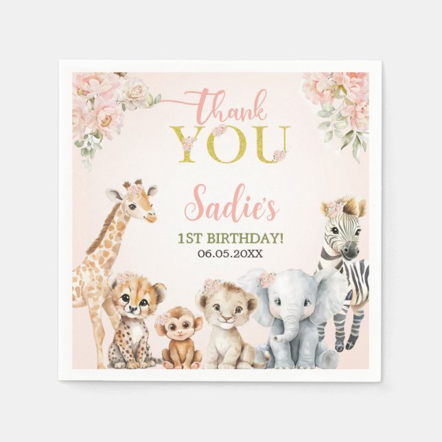 Safari Sweet Girl Floral Birthday  Pappersservett (Framsidan)