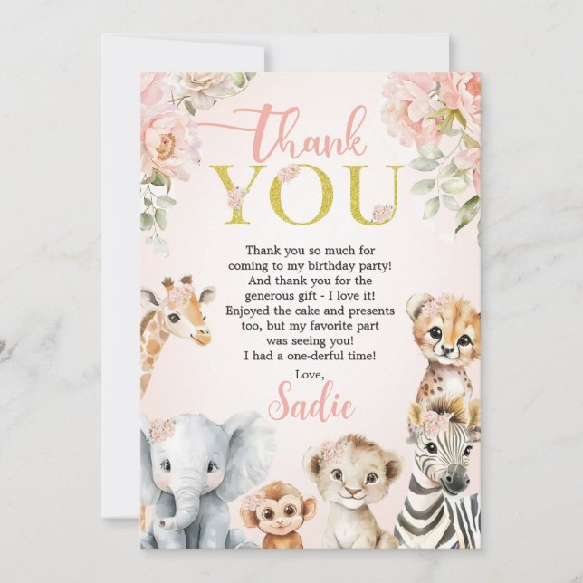 Safari Sweet Girl Floral Birthday  Tack Kort (Framsida)