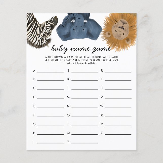 Safari Theme Baby Namn Shower Game (Framsida)