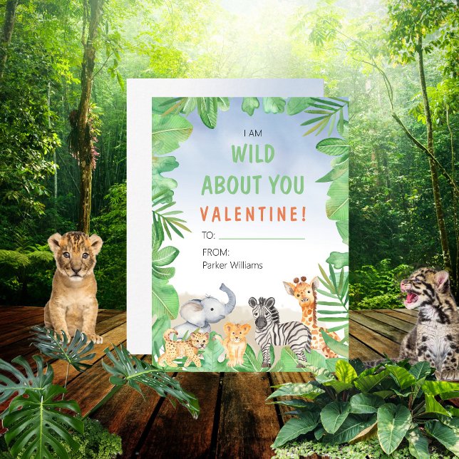 Safari Theme jag är Vild om er hjärtans dag Inbjudningar ("I Am Wild About You Valentine!" Kid's Valentine's Day Classroom Card)