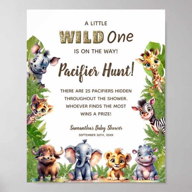 Safari Theme Nappar Hunt Game Baby Shower Sign Poster (Framsidan)
