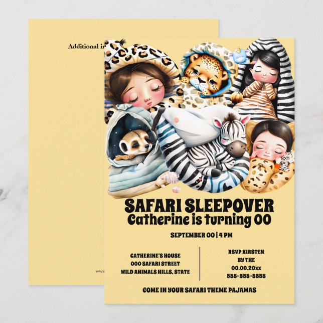 Safari themsleepover slumber pajama-barn inbjudningar (Fram/baksida)