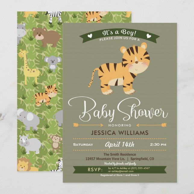 Safari Tiger Baby Shower Boy-inbjudan Inbjudningar (Fram/baksida)