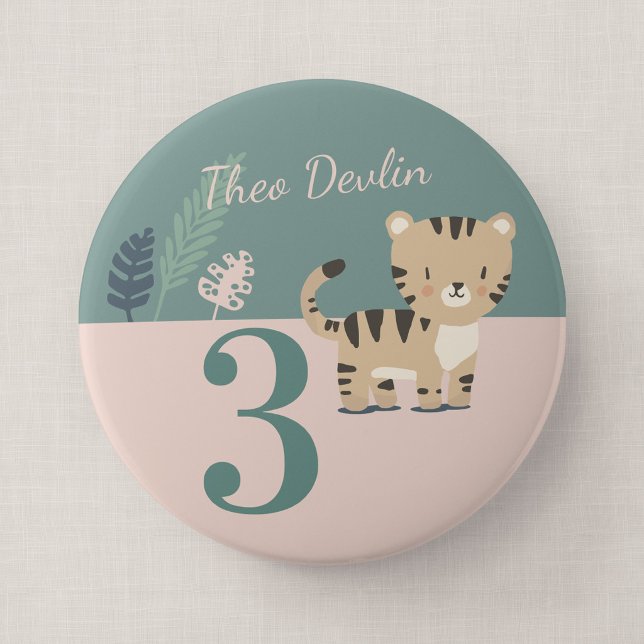 Safari Tiger Barn Anpassad Ålder Födelsedagsmärke Knapp (Tiny Tiger - Big 4" Safari Jungle Birthday Badge)