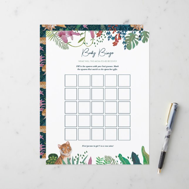 Safari Tiger Bingo Baby Shower-spel (Fram/Back In Situ)