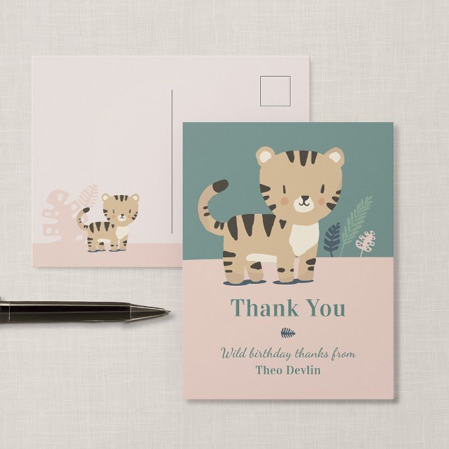 Safari Tiger Födelsedags Tack Kort (Tiny Tiger - Jungle Safari Birthday Thank You Postcard)