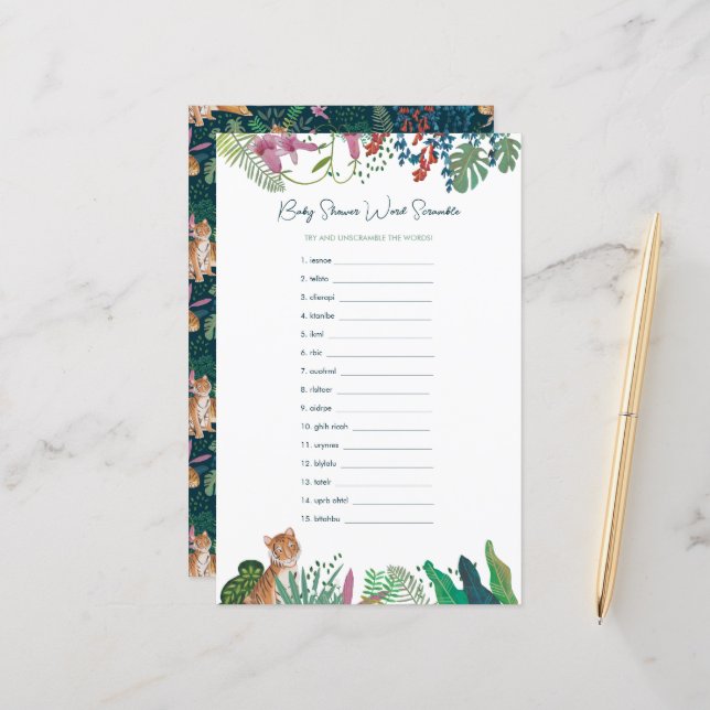 Safari Tiger Ord skramble Baby Shower Game (Fram/Back In Situ)