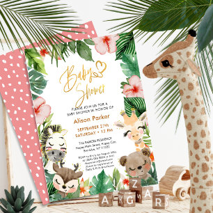 Safari Tropical Greenery Guld Script Baby Shower Inbjudningar
