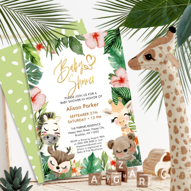 Safari Tropical Greenery Guld Script Baby Shower Inbjudningar (Skapare uppladdad)