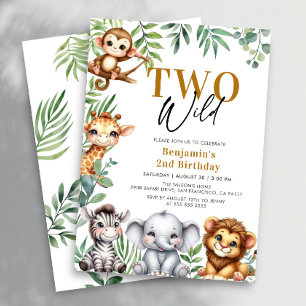 Safari Två Vilder Jungle Animals Boy 2:a födelse Inbjudningar