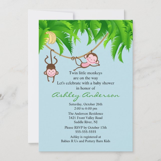 Safari Twin Monkeys Baby Shower-inbjudan Inbjudningar (Framsida)