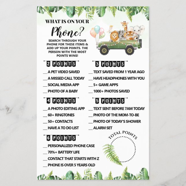Safari Vad har du på din telefon Baby Shower Spelk Flygblad (Framsidan)