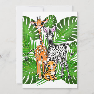 Safari vänner, giraff, zebra, tiger, palmlöv inbjudningar