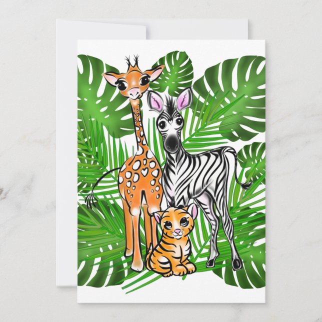 Safari vänner, giraff, zebra, tiger, palmlöv inbjudningar (Framsida)