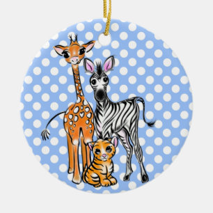 Safari-vänner, giraffe, zebra, tiger, blå polka julgransprydnad keramik