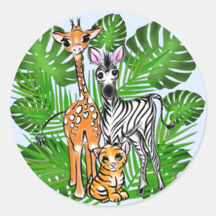 Safari-vänner, giraffe, zebra, tiger, handflatan-l runt klistermärke