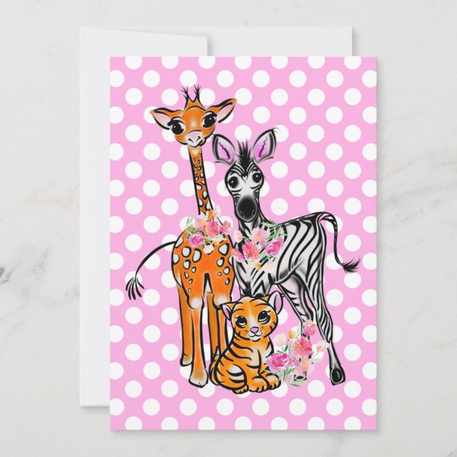 Safari-vänner giraffe zebra tiger rosa polka inbjudningar (Framsida)