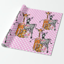 Safari-vänner, giraffe, zebra, tiger, rosa-polka presentpapper
