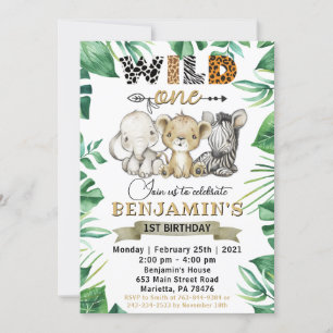 Safari Vild 1 1:a födelsedag Lejona Zebra Party Inbjudningar