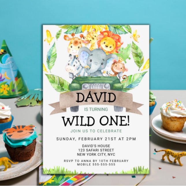 Safari Vild 1:a födelsedag Party Inbjudningar (Wild One Birthday Party 1st Birthday Safari Animals Jungle themed party for boys template cute)
