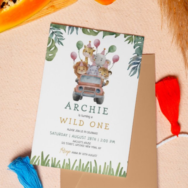 Safari-Vild 1:a födelsedagsjungeln Inbjudningar (1st Birthday Safari Zoo Animals Jungle invitation template party animals watercolor cute kids)
