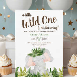 Safari Vild 1 Elephant Greenery Baby Shower Inbjudningar
