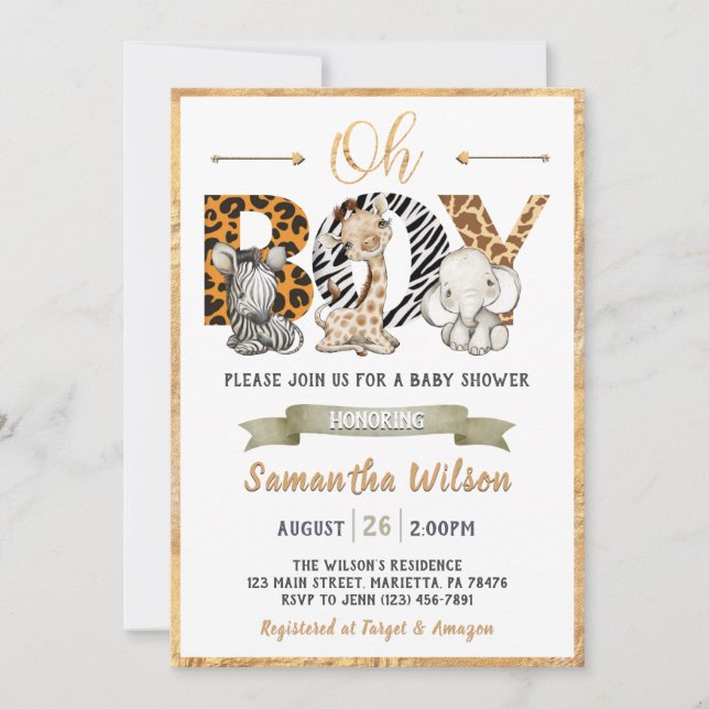 Safari Vild Baby Shower Guld Party-inbjudan Inbjudningar (Framsida)