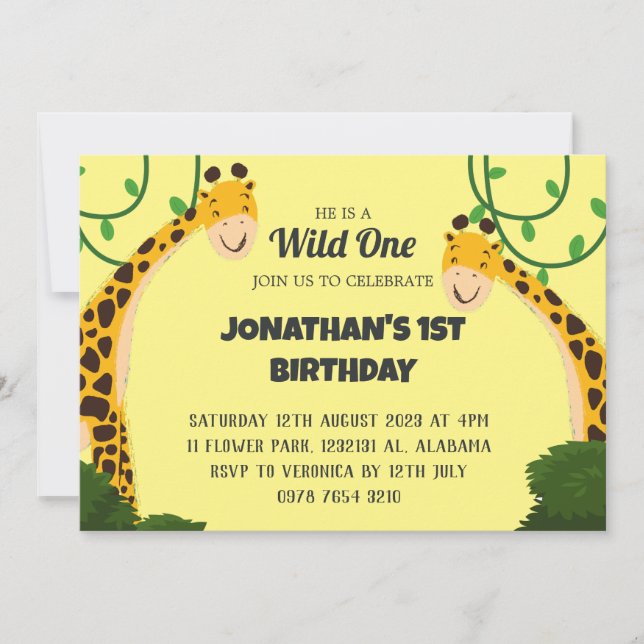 Safari Vild en Giraffe Simple First Birthday Baby Inbjudningar (Framsida)