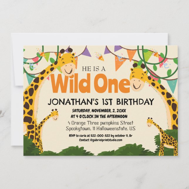 Safari Vild en Giraffe Simple First Birthday Baby Inbjudningar (Framsida)