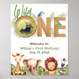 Safari Vild Ett foto Wood First Birthday Välkommen Poster