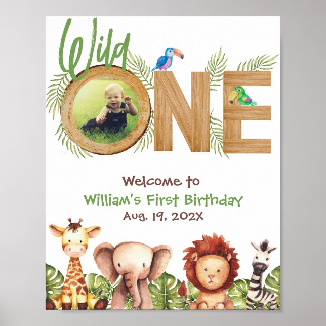 Safari Vild Ett foto Wood First Birthday Välkommen Poster (Framsidan)