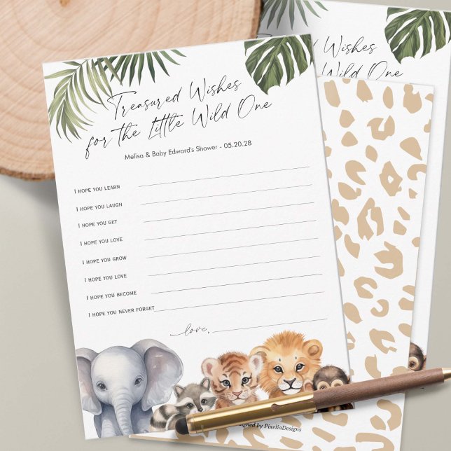 Safari Vild ett ThLED Pojke Önskemål-kort Rådkort (Baby Boy Shower wishes for baby cards, Wild One Safari Animals Themed Baby Shower.)