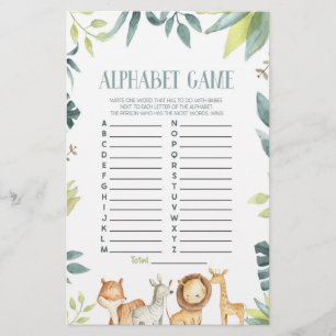 Safari Vild Zoo Animals Alphabet Baby Shower Game Brevpapper