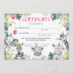 Safari Vilda djur Adoption Certificate Birthday Inbjudningar