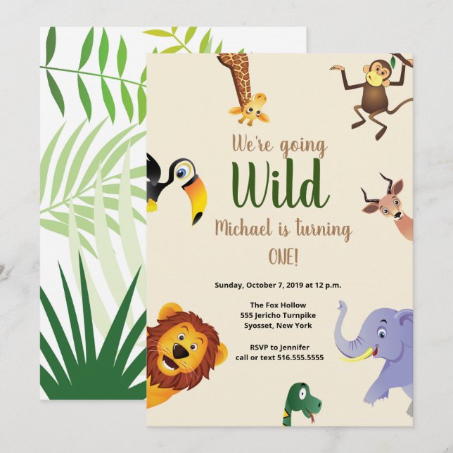 Safari Vilda djur Greenery 1:a födelsedagen Inbjudningar (Fram/baksida)