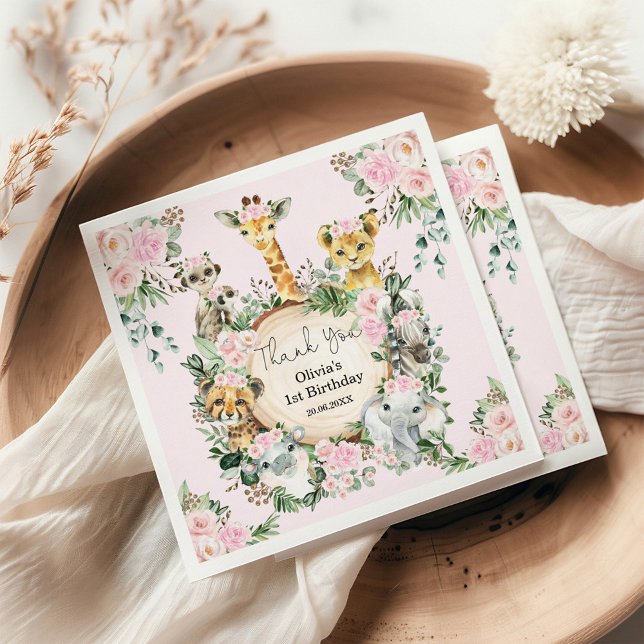 Safari Vilda djur Rosa Blommigt Birthday Favors Pappersservett (Skapare uppladdad)