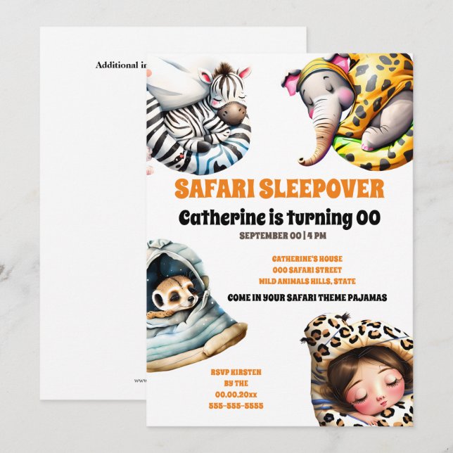 Safari vilda djur sleepover slumber pajama party inbjudningar (Fram/baksida)